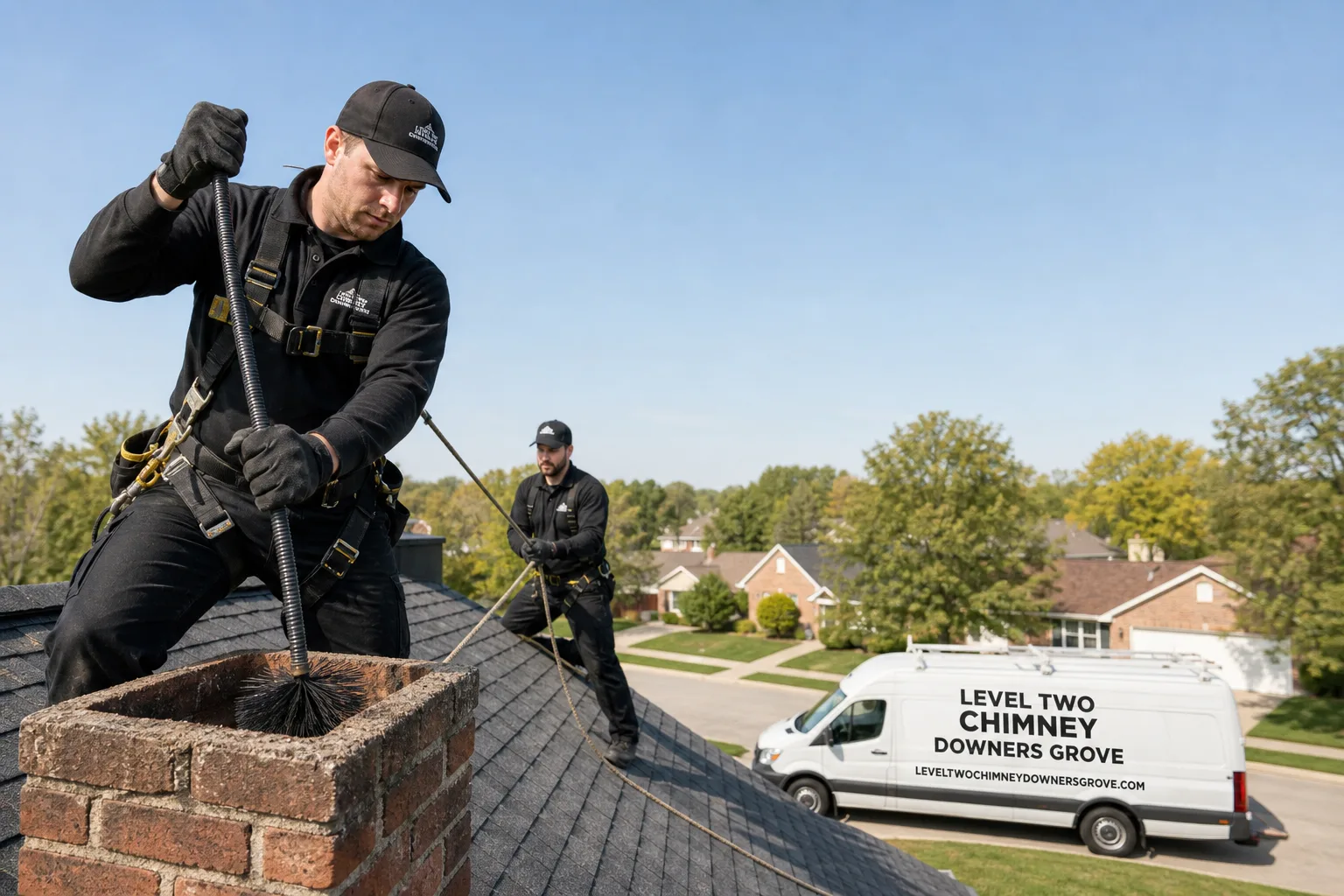 Level Two Chimney Downers Grove chimney cleaning service vehicle and crew in Downers Grove, IL